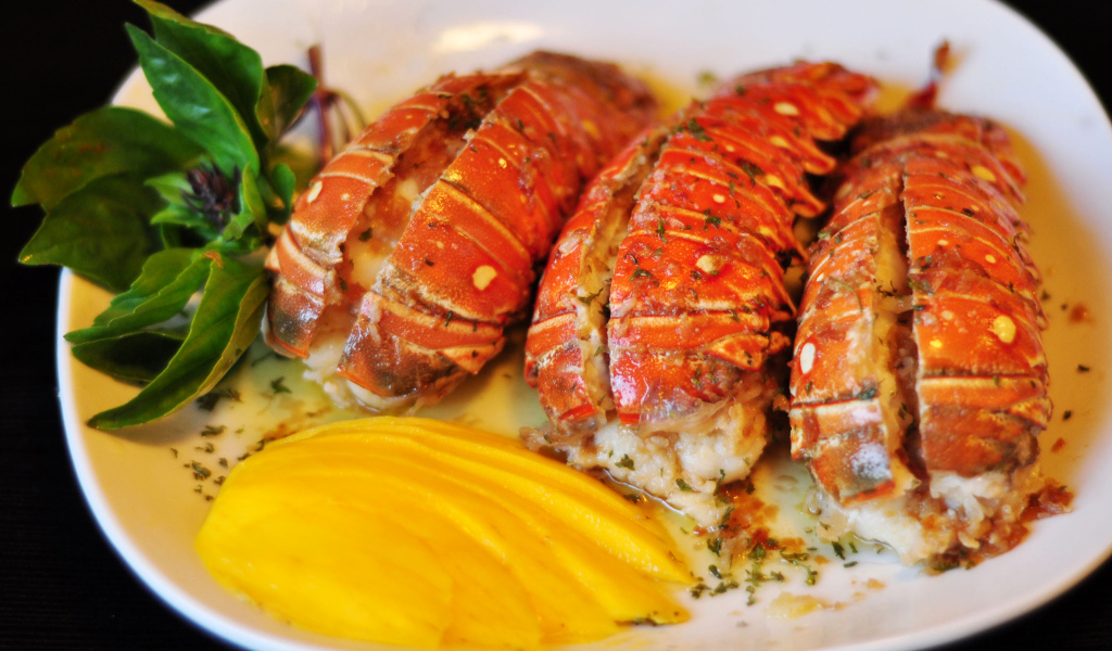 Омар с овощами на белой тарелке 