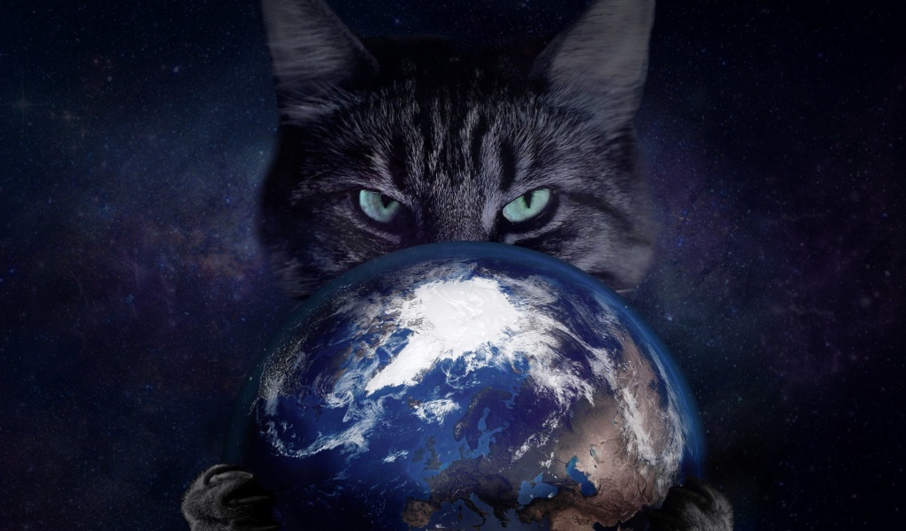 Коварный серый кот с планетой Земля в лапах 