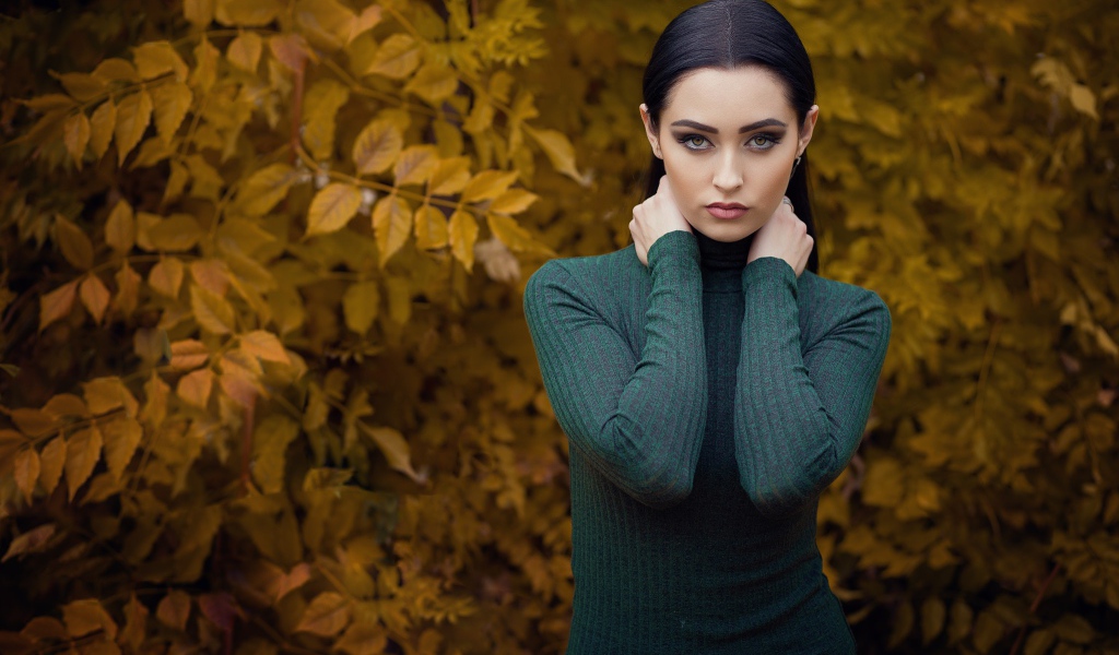 Красивая брюнетка позирует на фоне желтых листьев