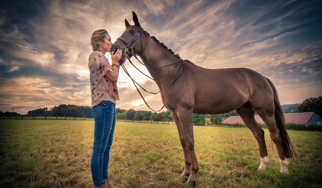 Красивая девушка целует коня под красивым небом