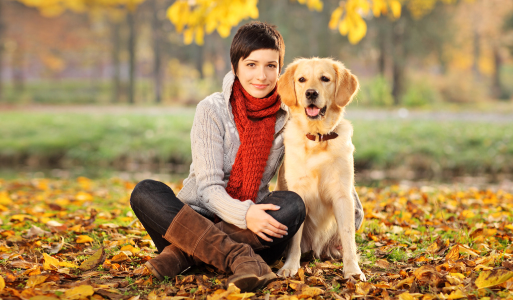 Красивая девушка с собакой породы золотистый ретривер 