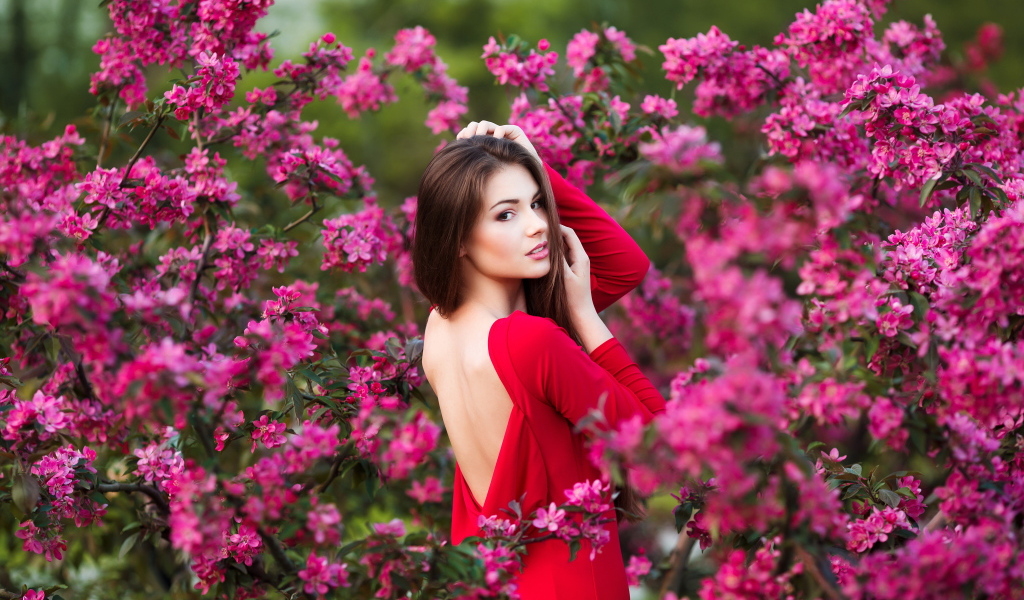 Красивая молодая девушка в красном платье на фоне розовых цветов
