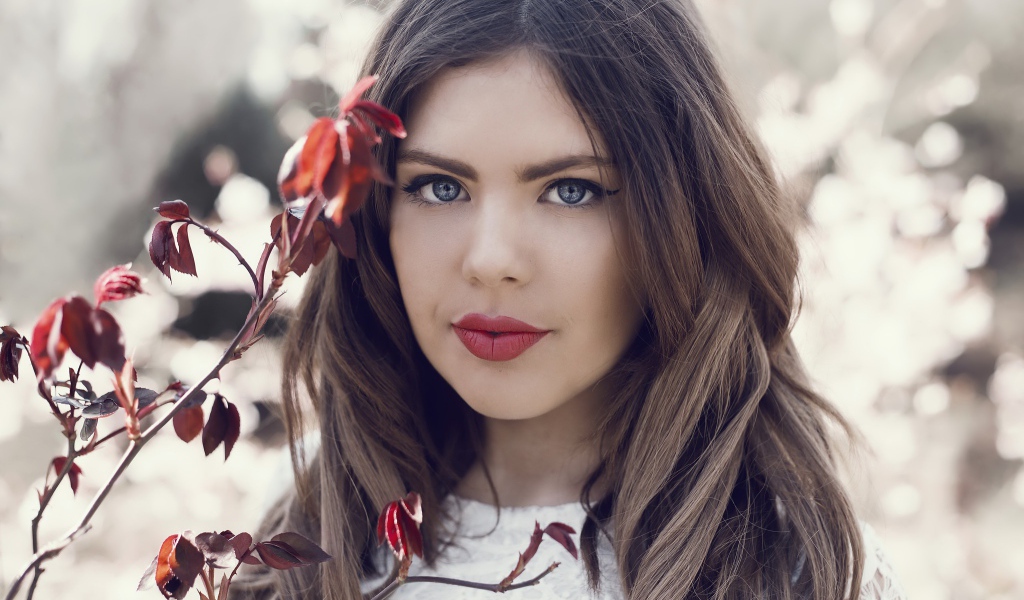 Голубоглазая красивая девушка брюнетка с красными губами