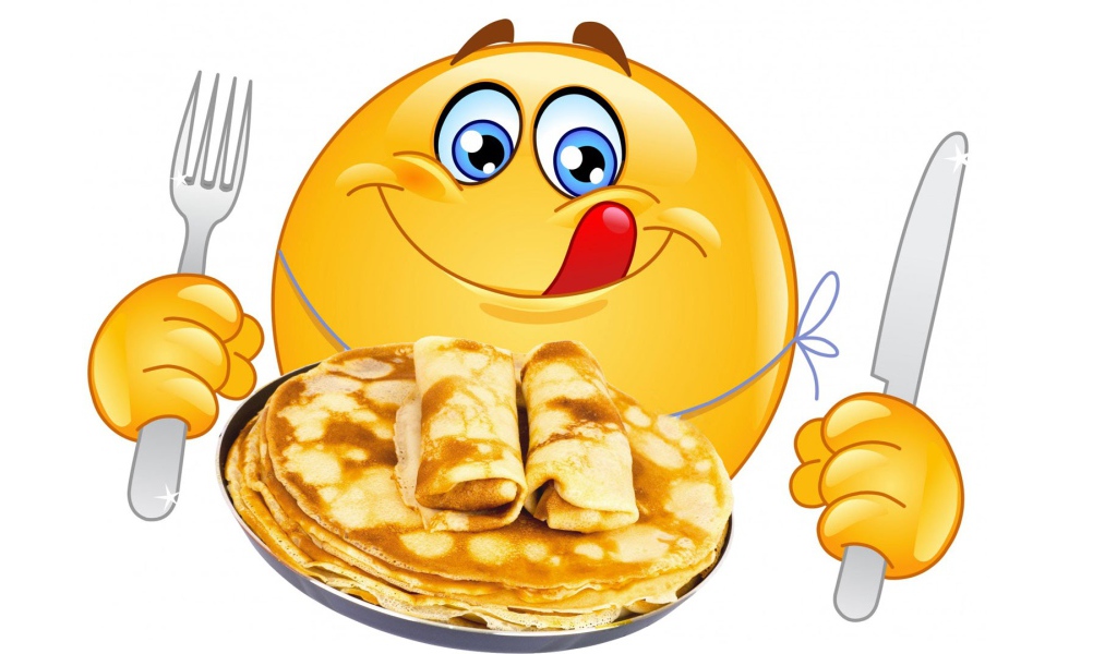 Смайлик с блинами открытка на Масленицу