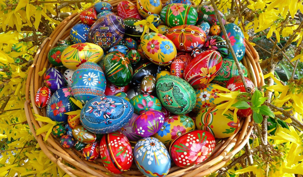 Яркие расписные пасхальные яйца в корзине 