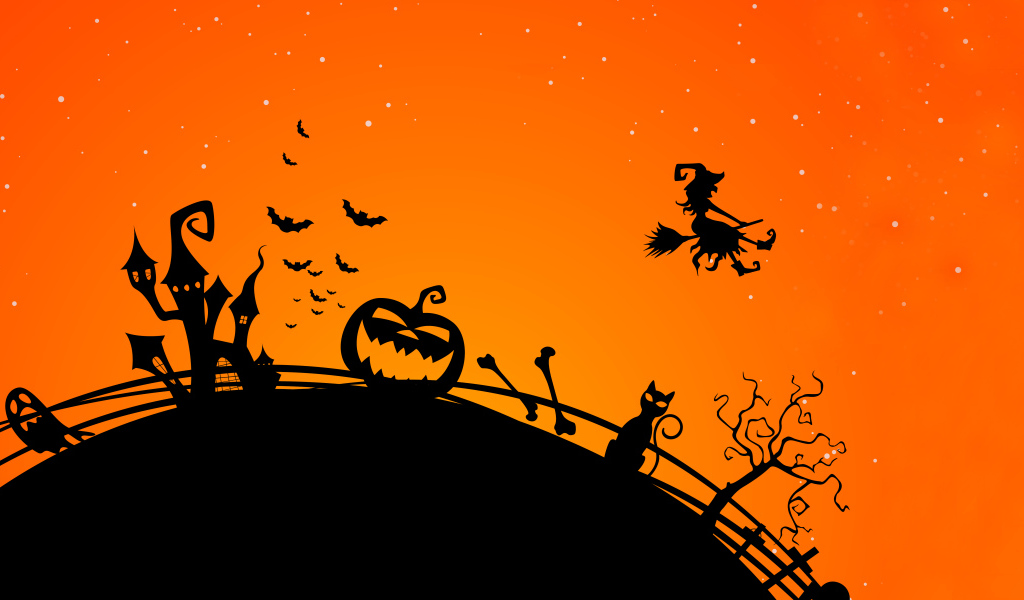 Черная тыква, замок и летящая ведьма на оранжевом фоне праздник Хэллоуин