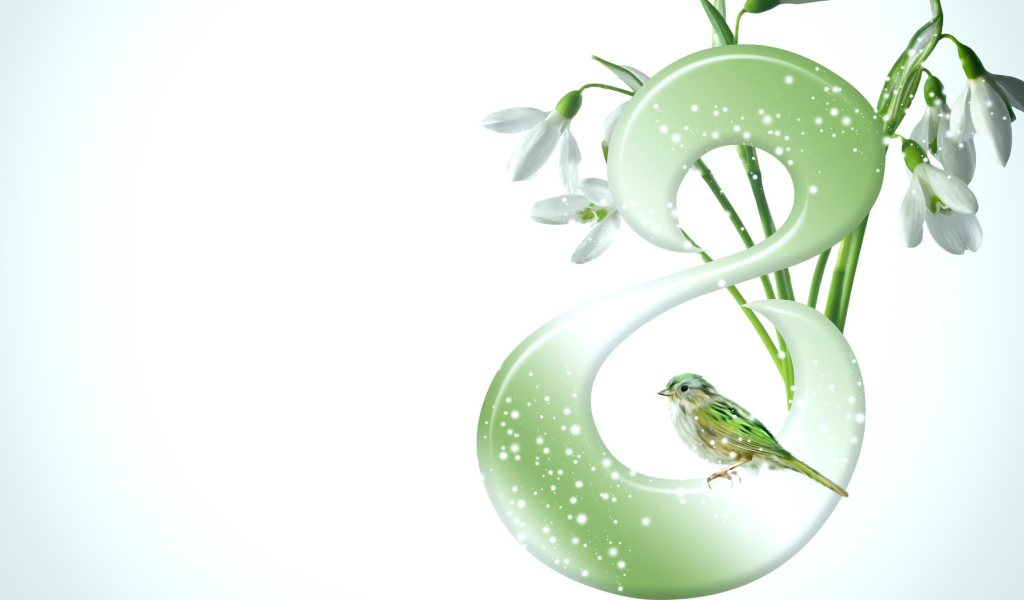 Подснежники и птичка на 8 марта