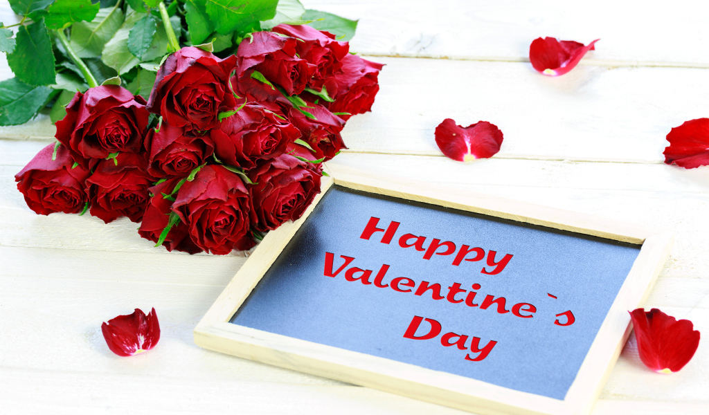 Букет красных роз с табличкой День Святого Валентина, 14 февраля