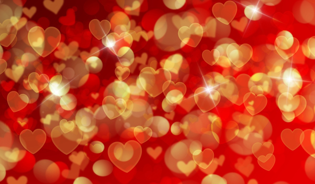 Золотистые сердечки на красном фоне