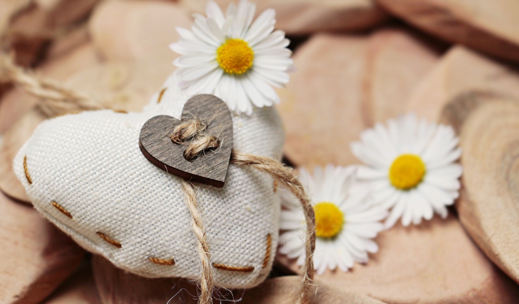 Сердце из ткани с белыми цветами ромашки