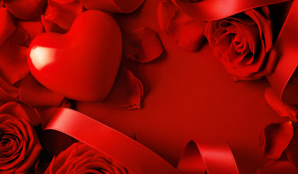 Красное сердце в лепестках красной розы  