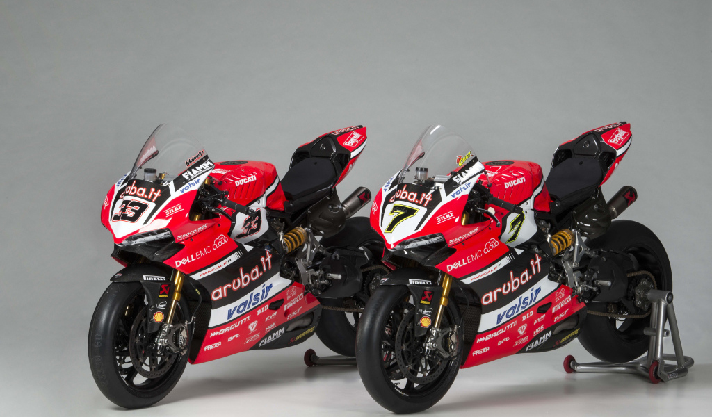 Два мотоцикла Ducati  Panigale R Superbike, 2017 на сером фоне