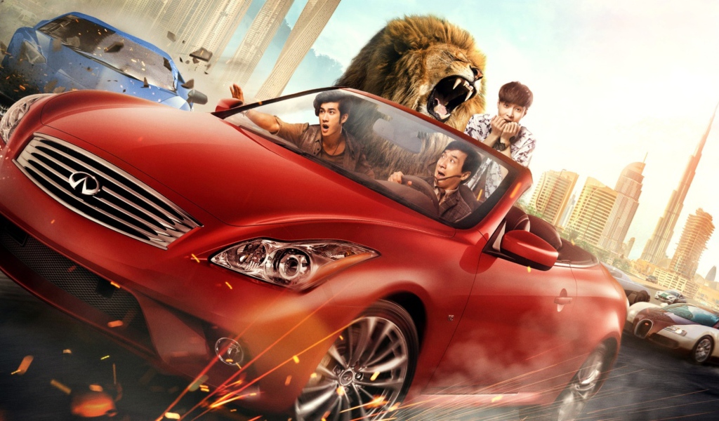 Герои фильма Кунг-фу йога 2017 на красном автомобиле  