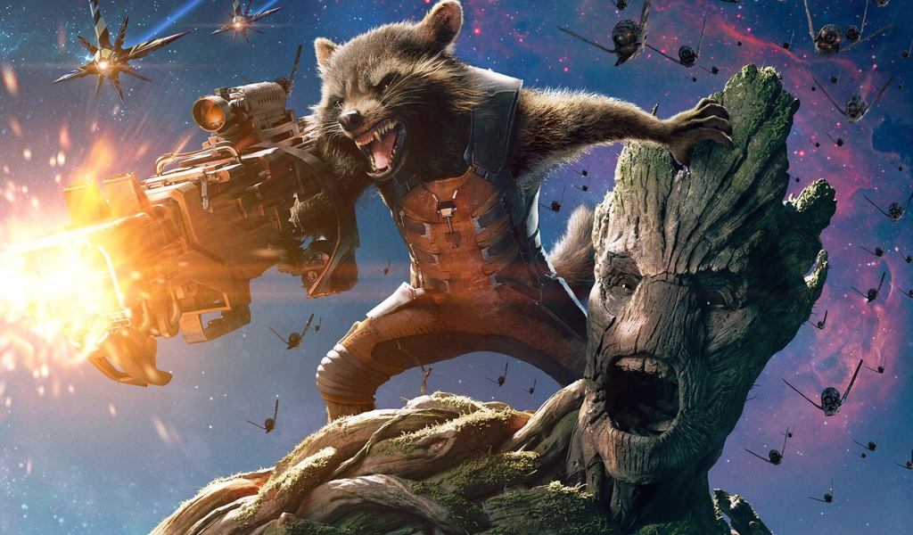 Ракета и Грут в бою персонажи фильма Стражи Галактики Том 2
