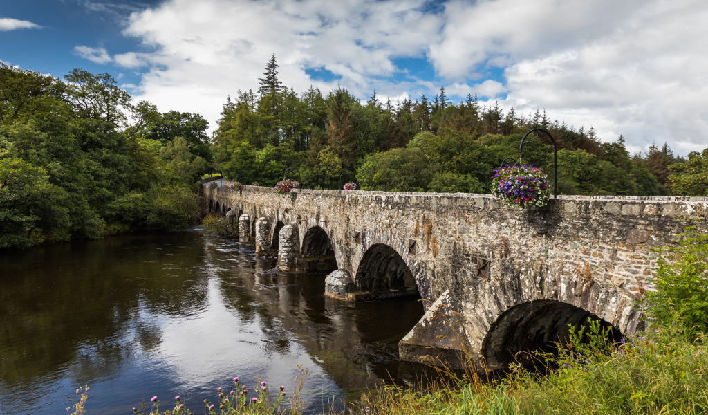 Мост через реку у леса на фоне красивого голубого неба с белыми облаками. Ирландия