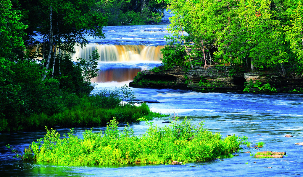 Живописная река с водопадом между зеленых деревьев 