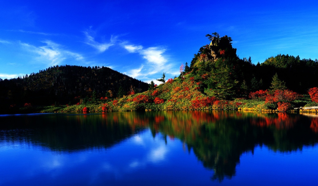 Голубое небо отражается в чистой воде озера 