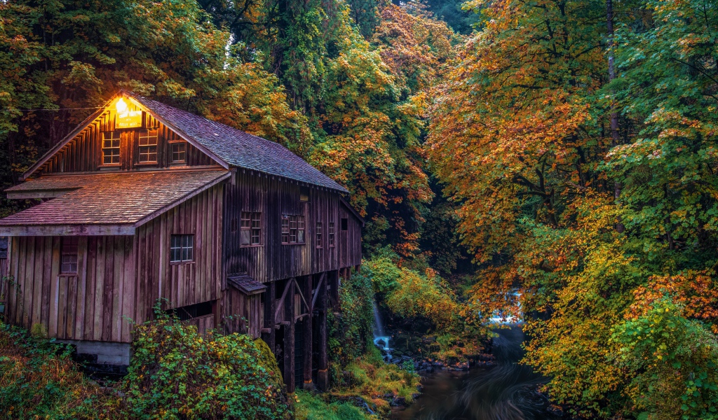 Водяная мельница в осеннем лесу