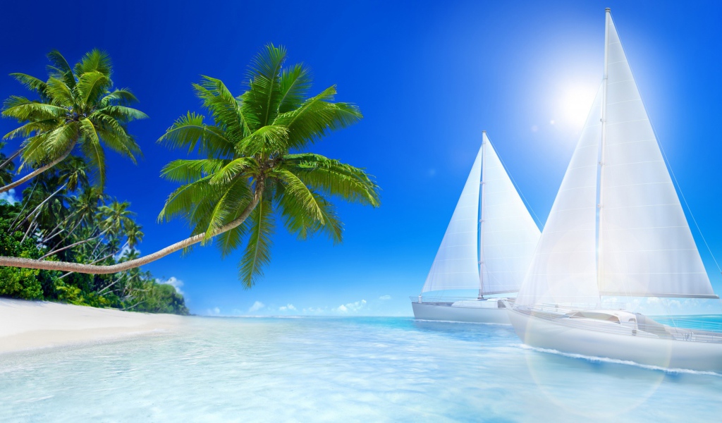 Белые парусники под солнцем у пляжа 