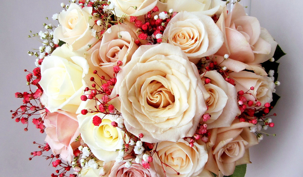 Красивый букет нежных роз кремового цвета 