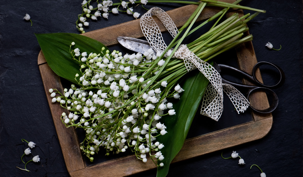 Букет белых ландышей с ножницами на столе