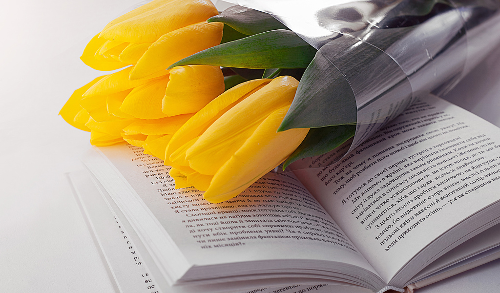 Букет желтых тюльпанов лежит на открытой книге