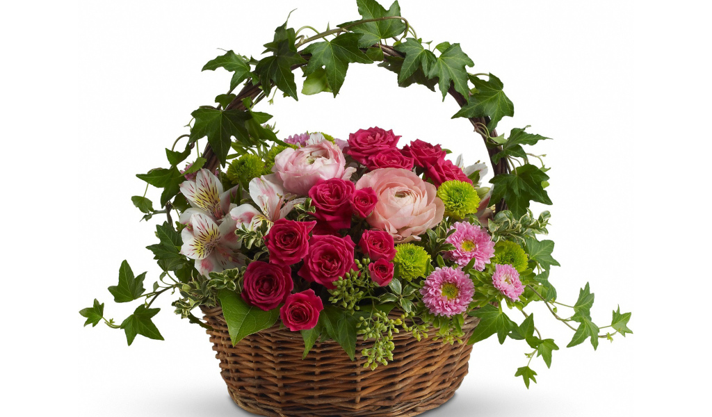 Корзина со свежими цветами на белом фоне