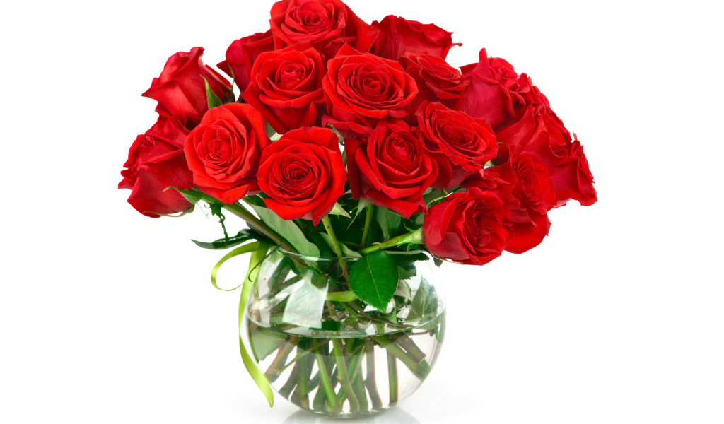 Красивый букет красных роз в стеклянной вазе на белом фоне