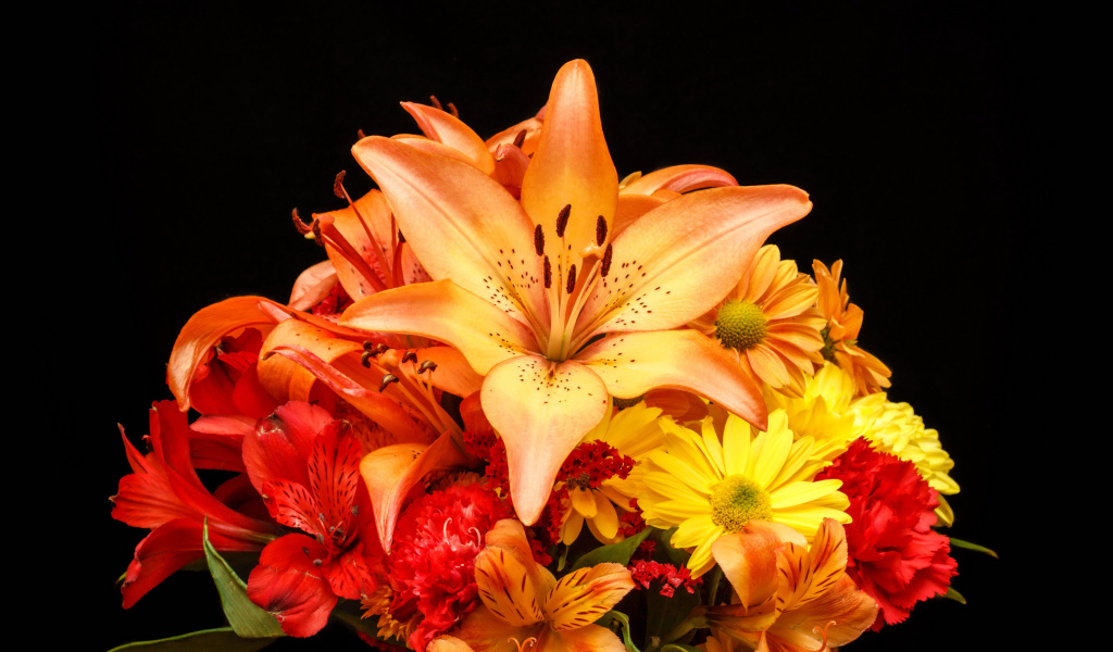 Букет разноцветных лилий на черном фоне 
