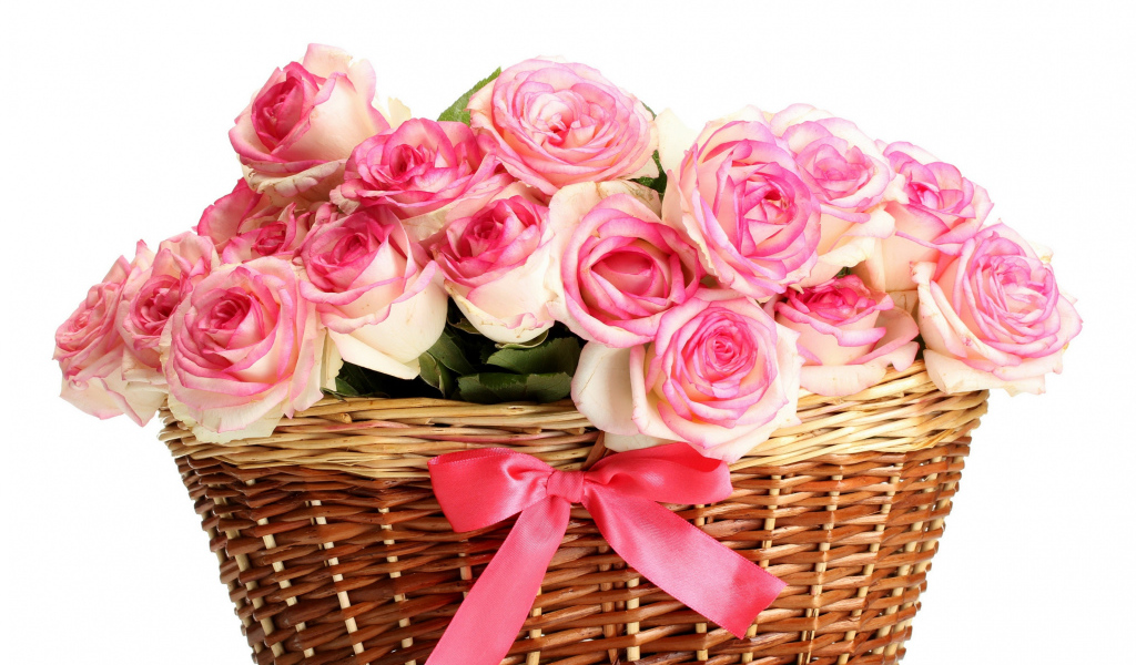 Букет розовых роз в корзине на белом фоне