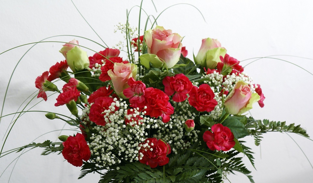 Букет роз с гвоздиками и зеленью на белом фоне