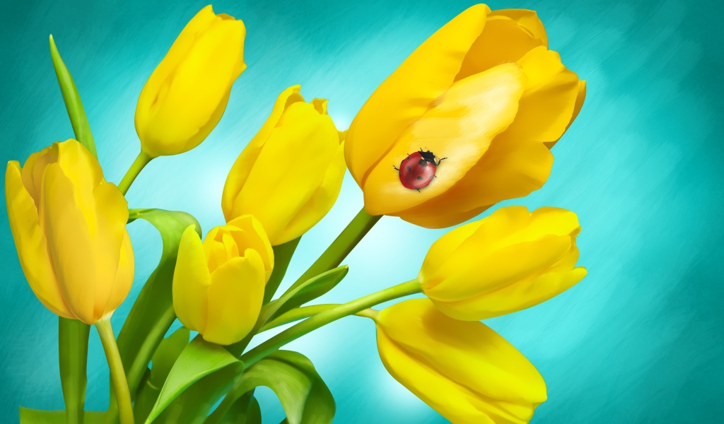 Букет желтых тюльпанов с божьей коровкой на голубом фоне