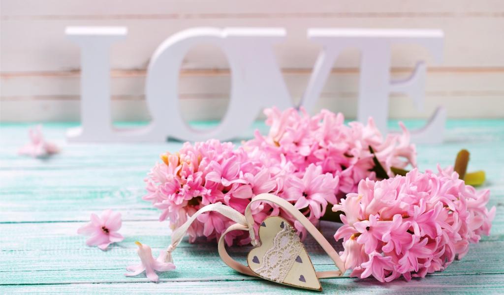 Розовые весенние цветы крокусы с сердечком и белой надписью LOVE