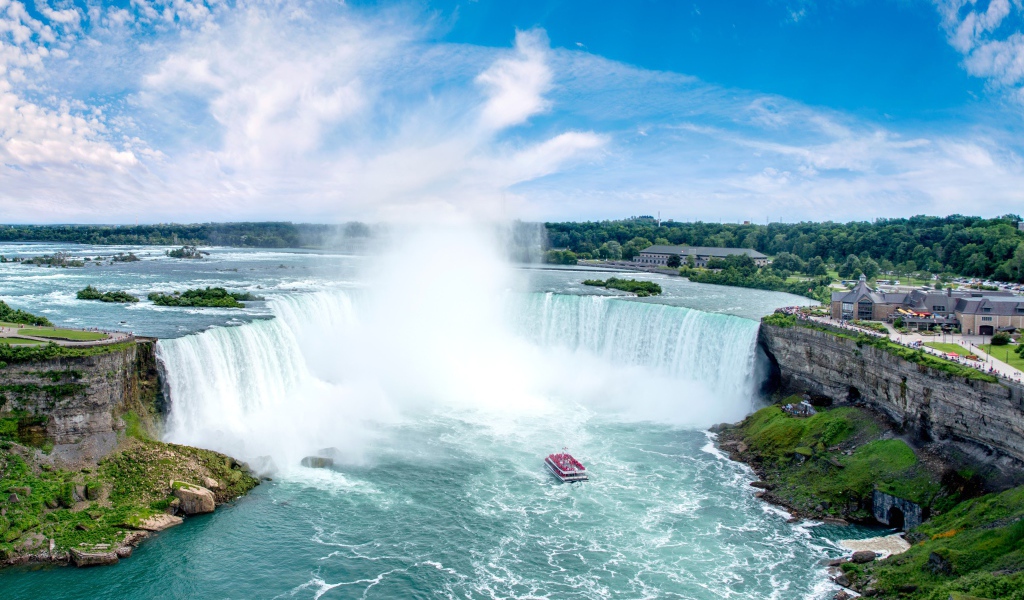 Красивый бушующий  Ниагарский водопад под голубым небом