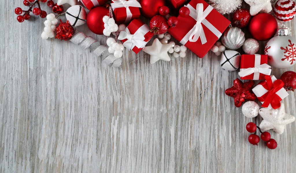 Holiday decorations in red on a gray background