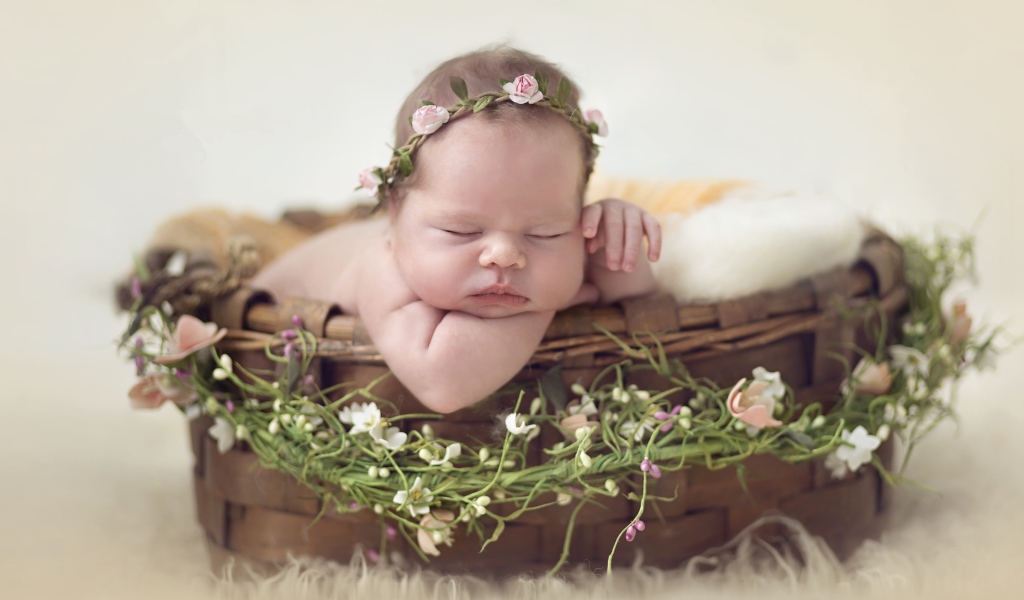 Маленький спящий младенец в корзине 