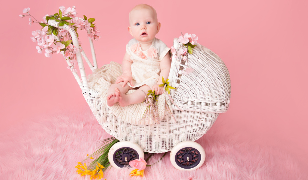 Младенец девочка сидит в коляске на розовом фоне
