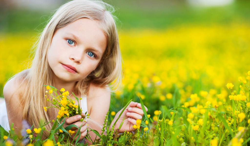 Красивая голубоглазая девочка лежит на желтых полевых цветах