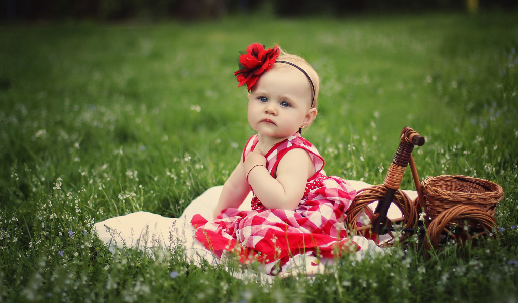 Красивая маленькая девочка с красным цветком на голове сидит на зеленой траве