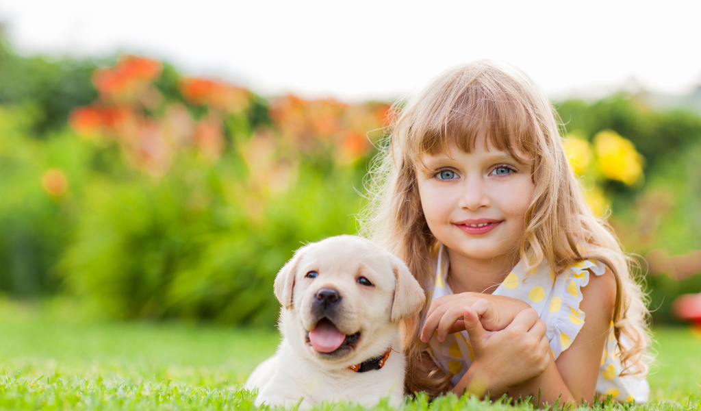 Светловолосая девочка с забавным маленьким щенком ретривера