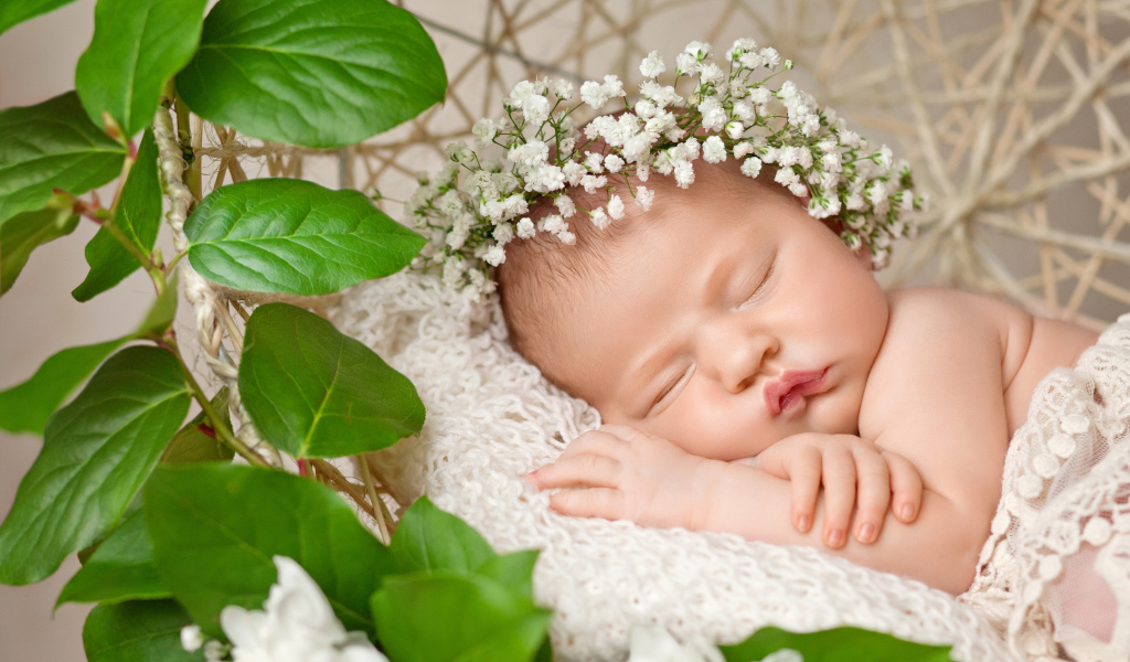 Милый маленький спящий младенец с белыми цветами на голове