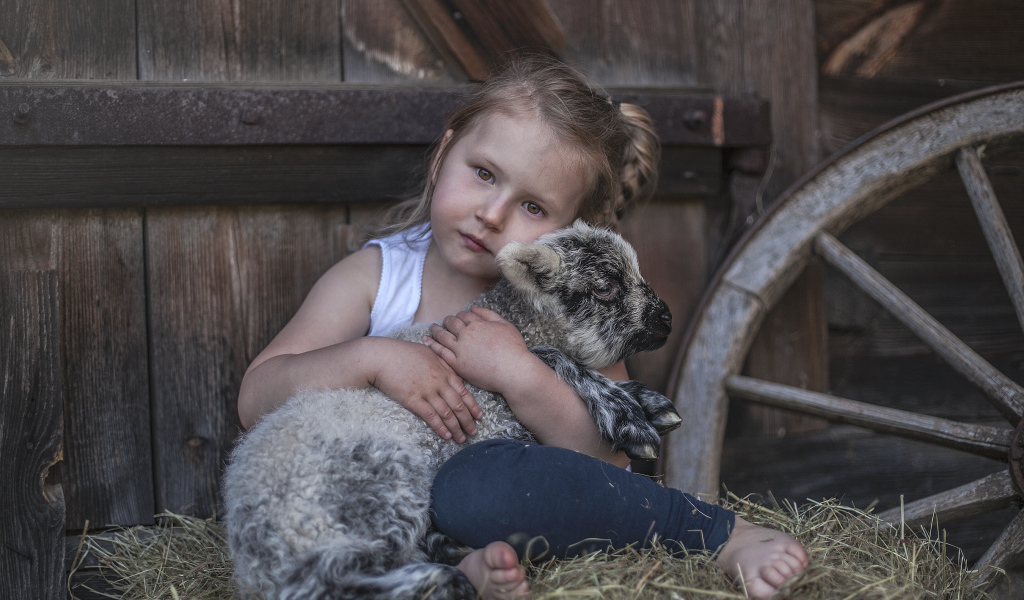 Маленькая кареглазая девочка обнимает ягненка