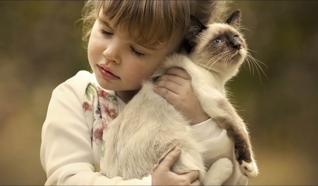 Маленькая девочка обнимает котенка 