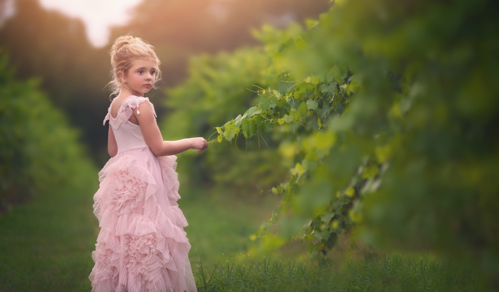 Маленькая девочка в красивом розовом платье стоит на зеленой траве