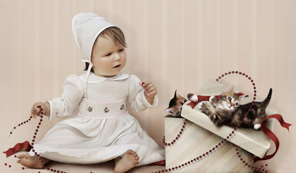 Маленькая девочка в белом платье с коробком с маленькими котятами
