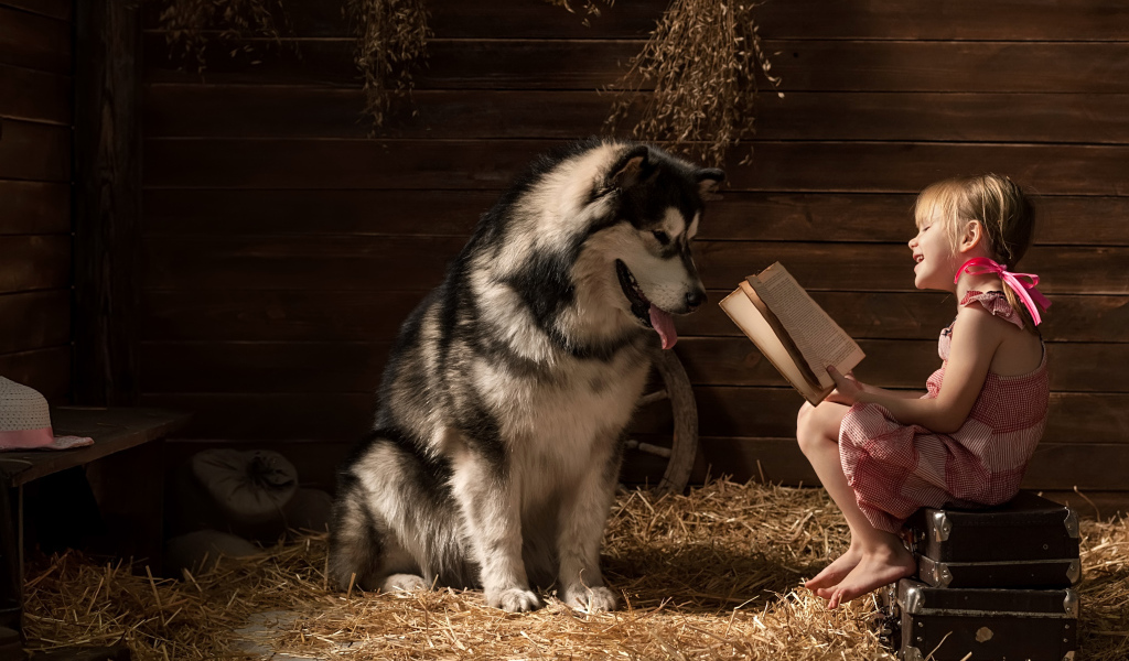 Маленькая девочка читает книгу собаке породы хаски