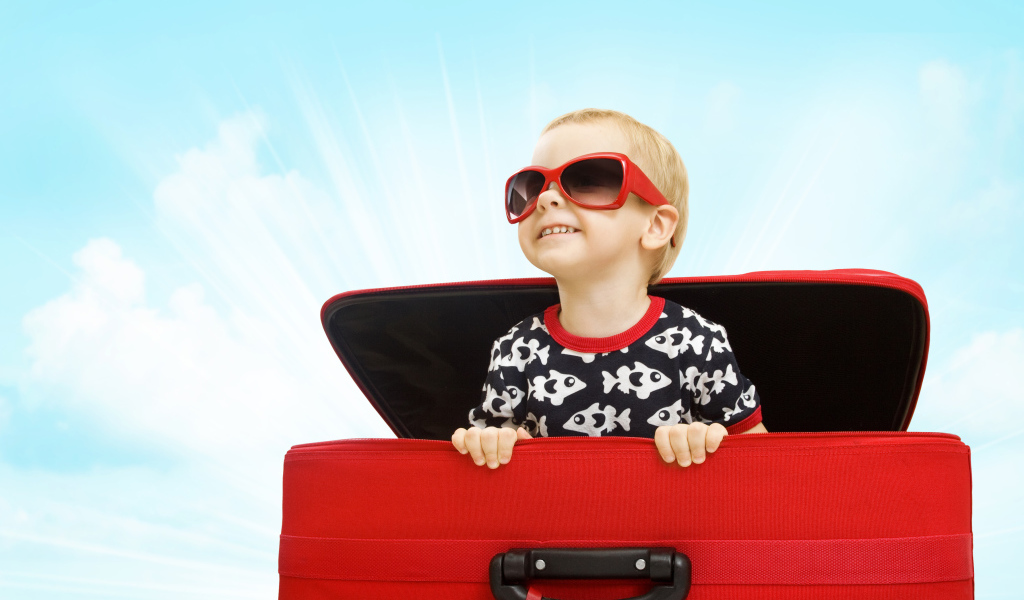 Маленький улыбающийся мальчик в очках сидит в красном чемодане