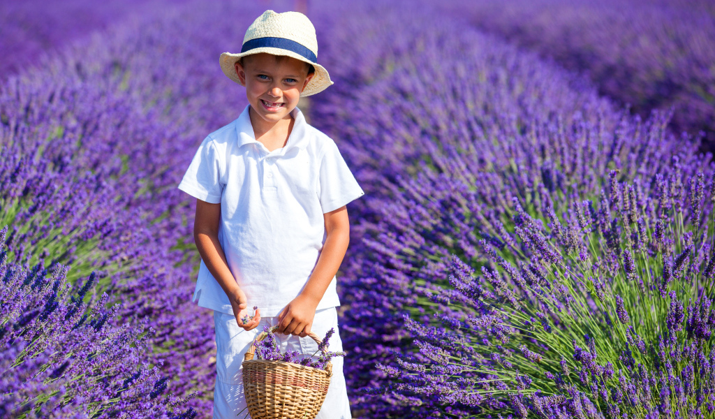 Улыбающийся мальчик на поле фиолетовой лаванды