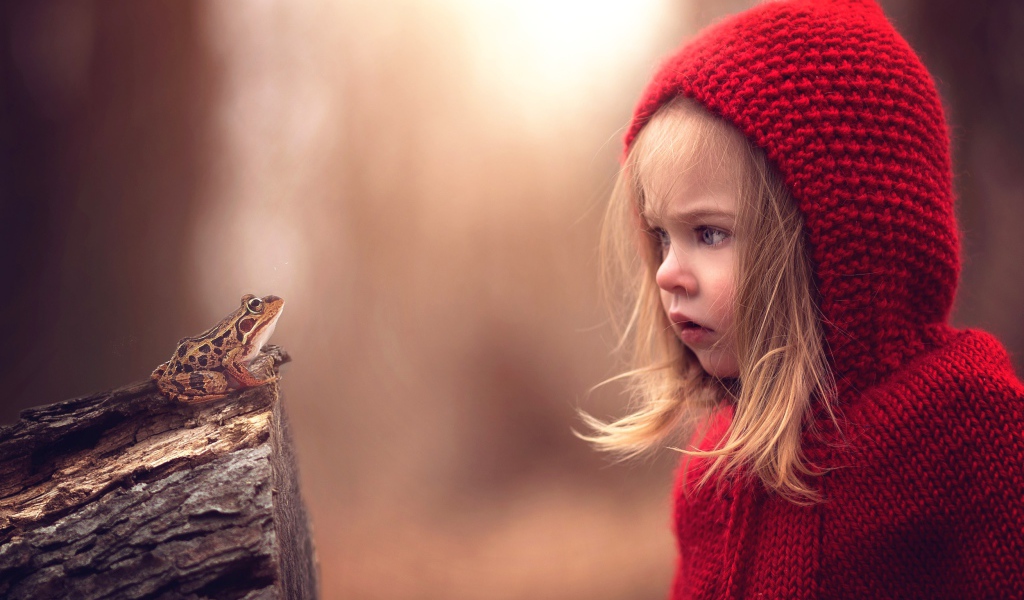 Удивленная девочка в красном капюшоне смотрит на лягушку