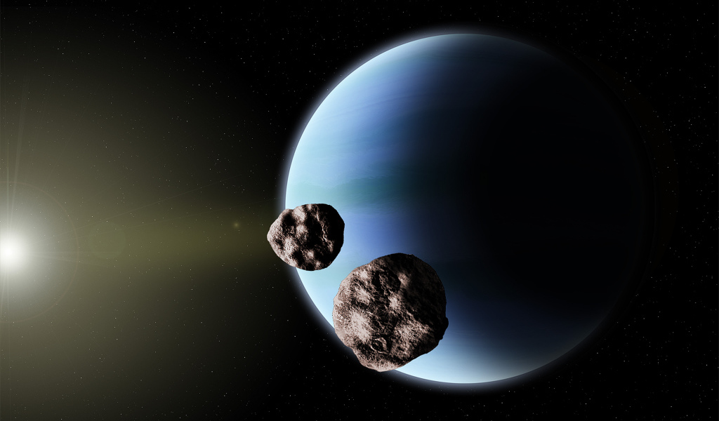 Полет астероидов рядом с планетой Нептун 